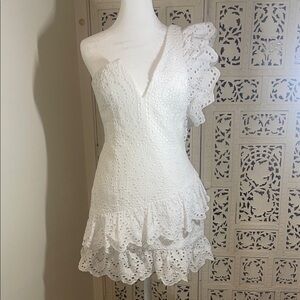 Bardot White One-Shoulder Eyelet Ruffle Mini Dress